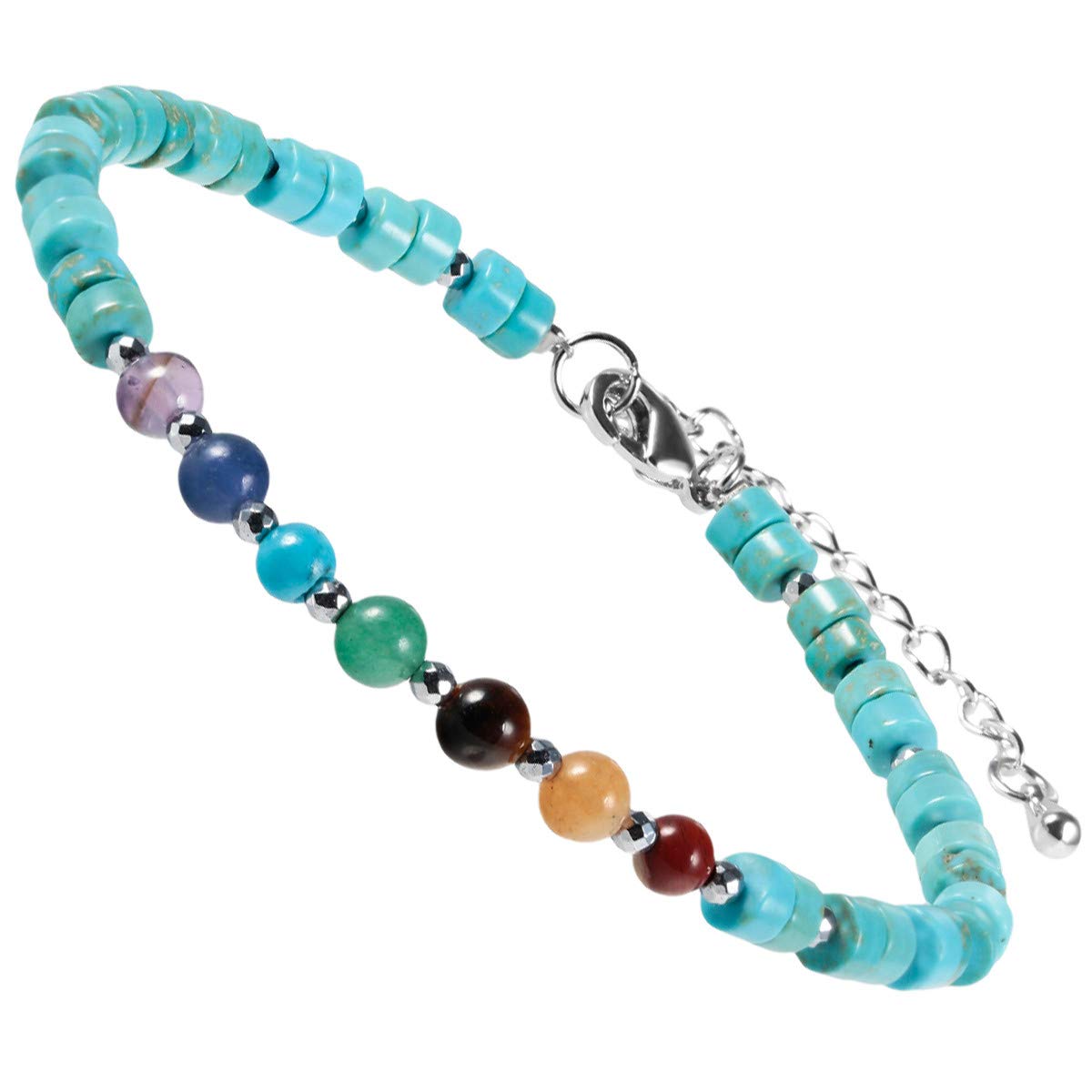 mookaitedecor 7 Chakra Healing Crystal Stone Bracelet for Women Men, Colourful Blue Howlite Turquoise Flat Beads Bracelet Semi Precious Gemstone Stone Jewellery Adjustable Yoga Reiki Link Bangle — image 1