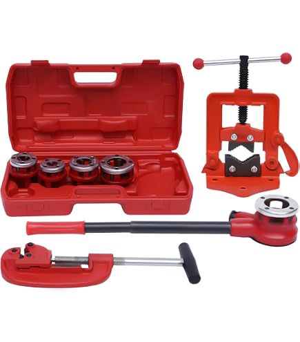BSPT Ratchet Pipe Threader Kit – 7 Dies (3/8 To 2 Inch) With Storage Case, Ratcheting Handheld Pipe Threading Tool
