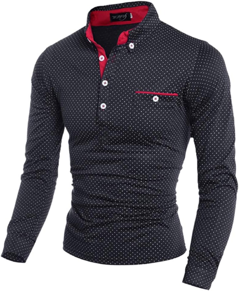 ZBSPORT Mens Retro Polka Cotton Polo T Shirt Long Sleeve Vintage Casual Golf Top