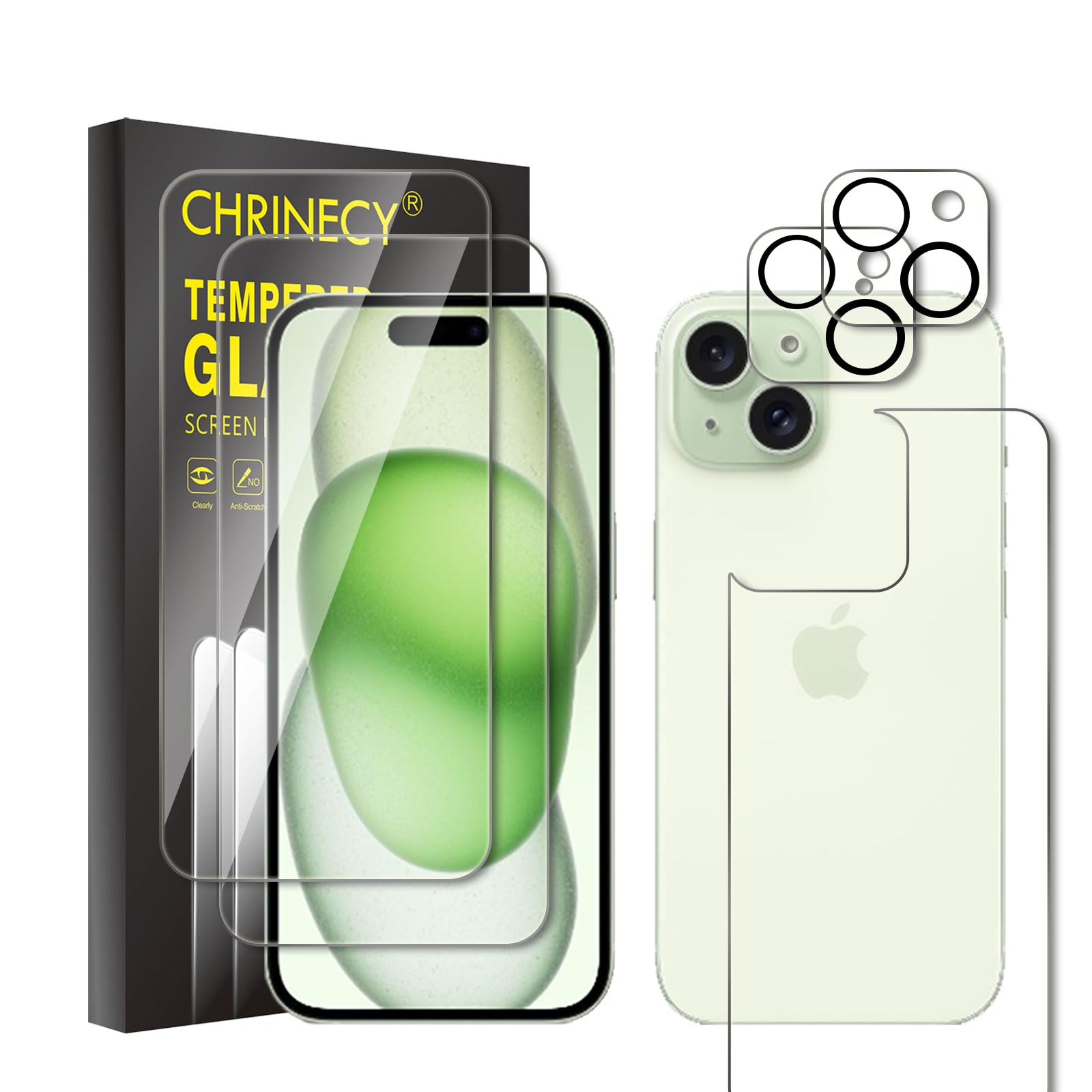 CHRINECY 2xHD Tempered Glass Screen Protectors for iPhone 15 + 2×Camera Lens Protectors+ 1×Back Protector, 9H Hardness, Anti-Scratch, Anti-Fingerprint, No Bubbles