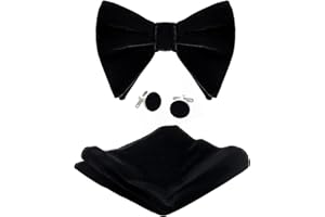 Black Velvet Bow Tie Pocket Square Cufflinks Set for Men, Solid Pre-tied Adjustable Bowtie, Men's Tuxedo Bow Ties