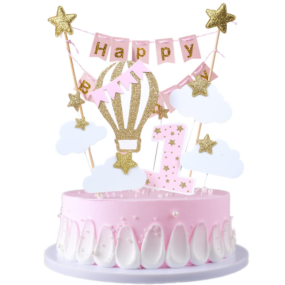 JKJF 1st Birthday Cake Topper Banner Garland Glitter for Kids Party - Pink