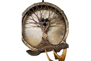 hwojjha Shaman Drum, Tree of Life Decoration Design, Handmade Shamanic Drum, Symbol of the Siberian Drum Spirit Music,Leather + Wood (Tree of Life Black Eagle), QNQA-4