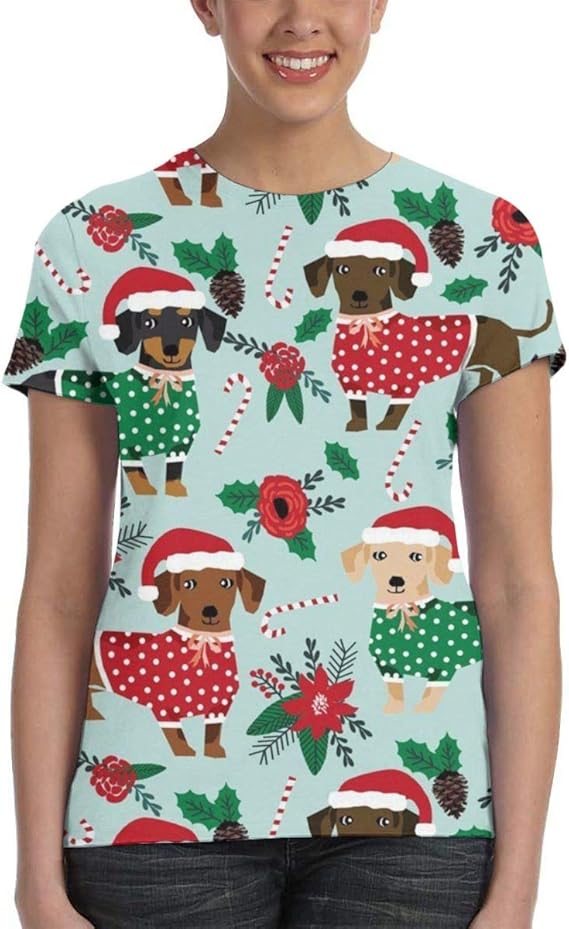 Amazon Co Jp クリスマスセーターかわいいダックスフント Tシャツレディース 半袖プリント 夏 カジュアルファッション 人気 クルーネック ゆったりとしたスポーツの快適性 ユニセックス 服 ファッション小物