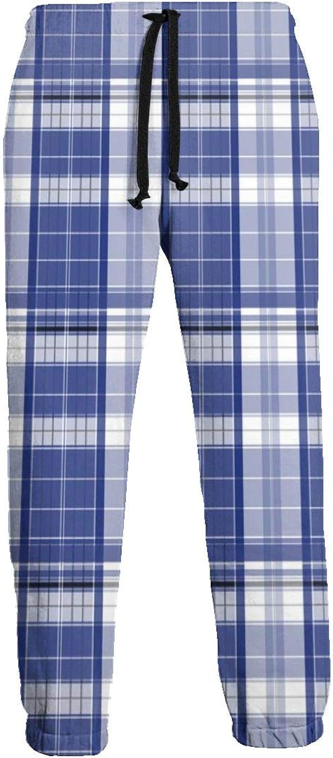 blue and white plaid pants