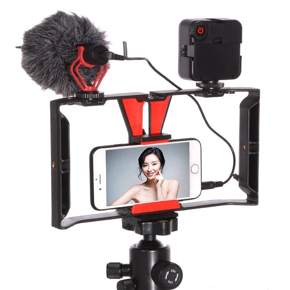 Fotga Smartphone Video Rig Camera Cage Holder Stabiliser Grip with BOYA by-MM1 Shotgun Microphone Mic + 49 LED Light Kit for Mobile Phone iPhone Film Making Professional Video Maker