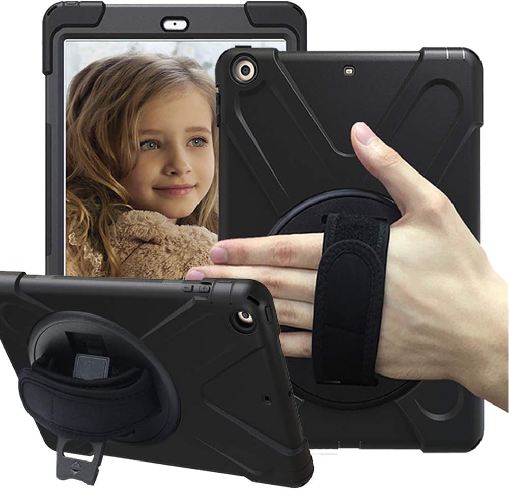 CCMAO iPad Case 6th Generation, iPad 9.7 2018 Case, [Hand Strap] 360 Degree Rotating with Kickstand Full-Body Impact Resistant Protective Case for Apple iPad 9.7 2018 A1893/A1954 (Black)