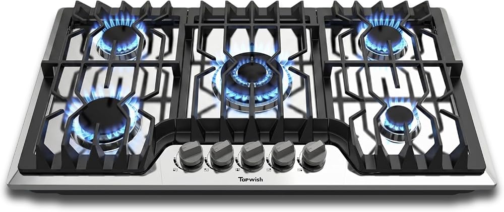 TOPWISH 36 Inch Gas Cooktop, 5 Burners Built-in Gas Stove Propane Cooktop | NG/LPG Convertible Stainless Steel Drop-in Natura