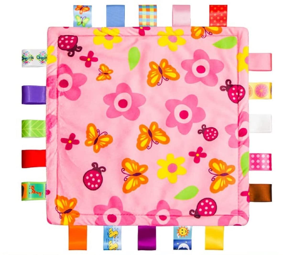 OnlyBee Baby Comforter blanket with Tags Taggy Blanket Taggie Comfort Blanket Baby Soothing Plush Security Blanket with Colorful Tags Gift for Newborn Infant Girl Pink
