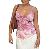 Women Spaghetti Strap Lace Camisole V Neck Floral Print Top See Through Mesh Sleeveless Going Out Tank Top