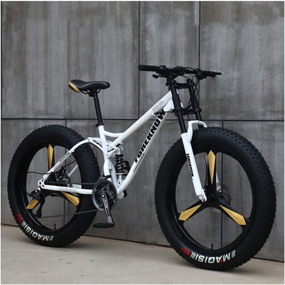 NENGGE Mountain Bikes, 26 Inch Fat Tire Hardtail Mountain Bike, Dual Suspension Frame and Suspension Fork All Terrain Mountain Bike,27 Speed,White 3 Spoke