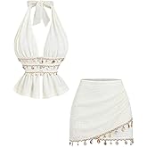 GORGLITTER Women's 2 Piece Sets Fringe Crochet Seashell Halter Backless Crop Top and Wrap Mini Skirt East Coast Outfits