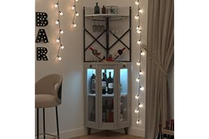 COCO DESIGN Corner Wine Cabinet with Lockable Glass Door & LED Light, 4-Tier Liquor Bar Unit, Modern Farmhouse Home Bar for Kitchen/Dining Room/Living Room, 2 Glass Display Trays & 2 Wine Racks, Gray