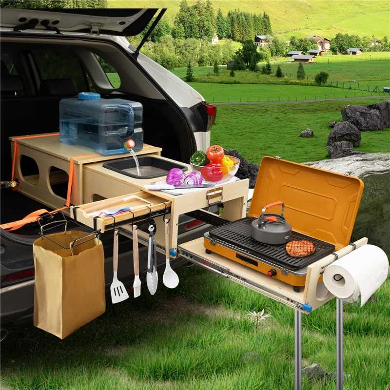Photo 1 of SHIWAGIN Overland Kitchen Slide-Out System, All-in-One Camp Kitchen Box with Sink, Chopping and Cooking Features, Folding Camping Table for SUV, Overlanding & Car Camping, Quick 1-Minute Setup