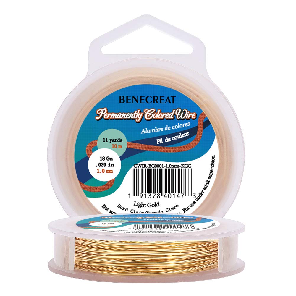 BENECREAT 18Gauge(1mm) Tarnish Resistant Light Gold Wire Jewellery Making Copper Wire, 10M/11Yard