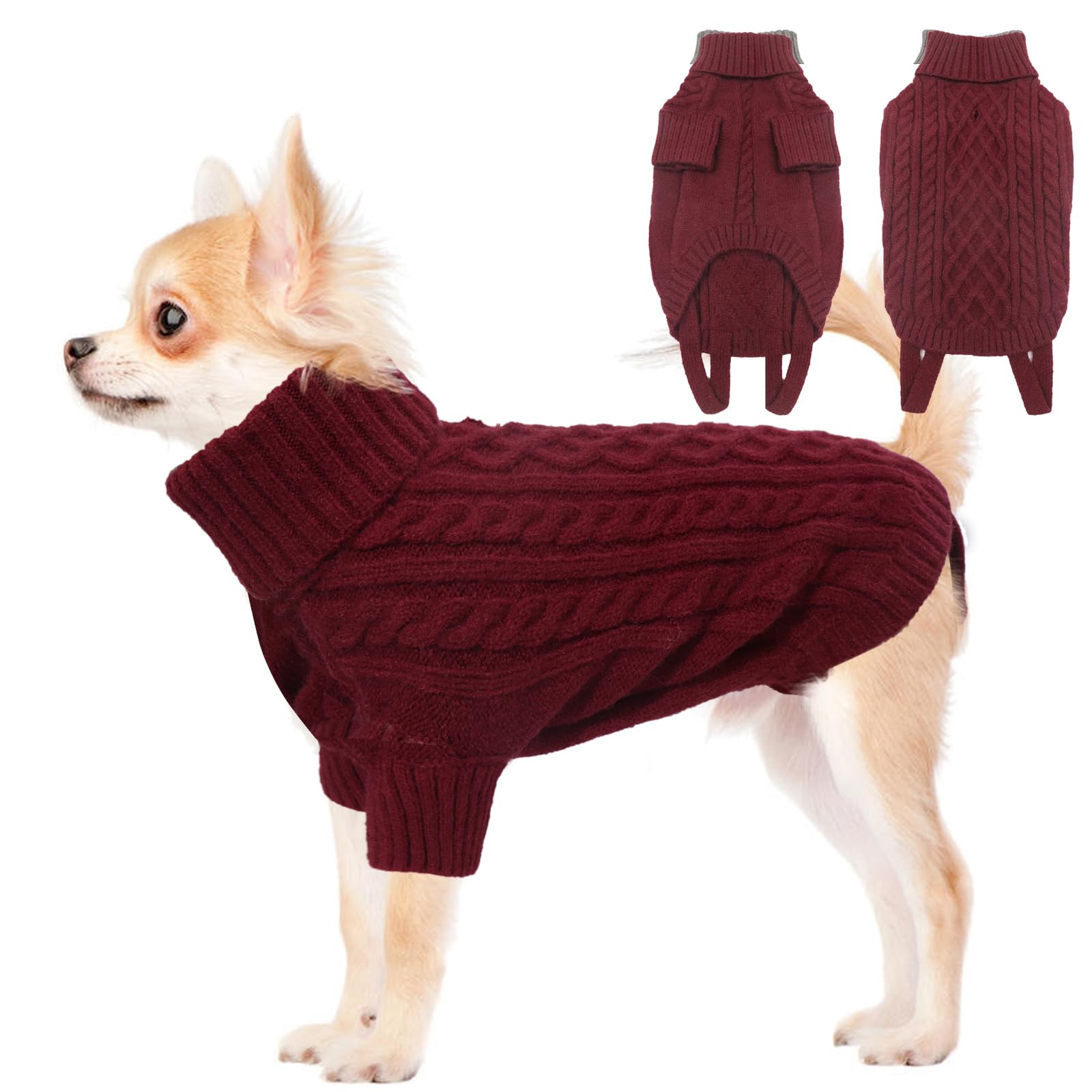 LiebeDD Small Dog Jumpers, Turtleneck Knitted Dog Sweater with Leash Hole Winter Warm Puppy Jumper for Small Dogs Cold Weather Knitwear for Chihuahua Sausage Yorkshire Terrier, Burgundy — image 1