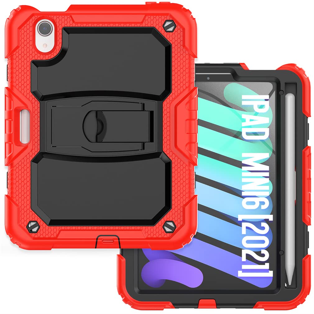 Case Suitable for iPad Mini 6th Generation 8.3 Inch 2021 with Invisible Folding Stand, Heavy Duty Rugged Shockproof Protective Case with Pencil Holder, Red