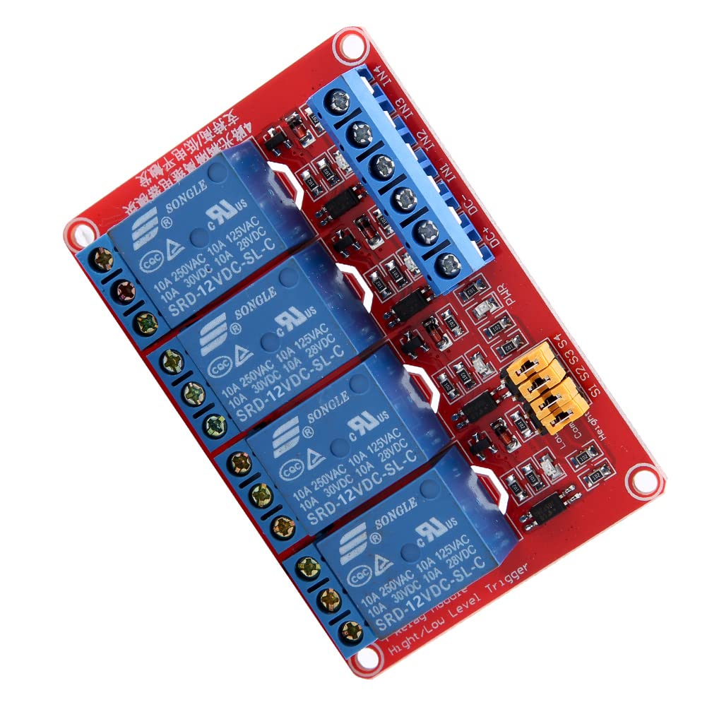 4 Channel Relay Module, 12V 4 Channel Relay Module Optocoupler Relay Module Board High & Low Trigger Module for 5V/12V/24V (12V)