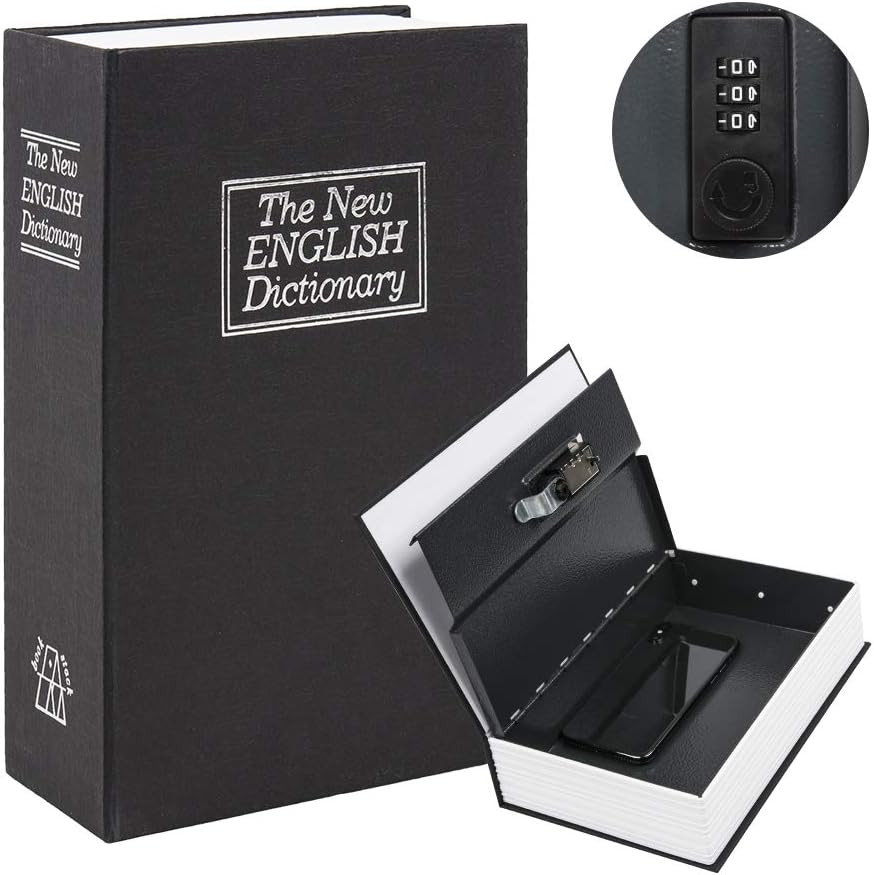 KYODOLED Diversion Book Safe with Combination Lock, Large Safe Secret Hidden Metal Lock Box, Money Hiding Box, Collection Box, 9.5" x 6.2" x 2 .2" Black - - 