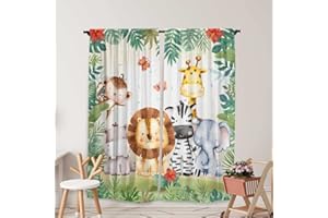 Yilinata Jungle Safari Window Curtains for Kids Boys Girls Watercolor Cartoon Forest Animals Baby Living Room Bedroom Nursery Toddler Rod Pocket Drapes Home Party Decor Durable Fabric 84 in x 84 in