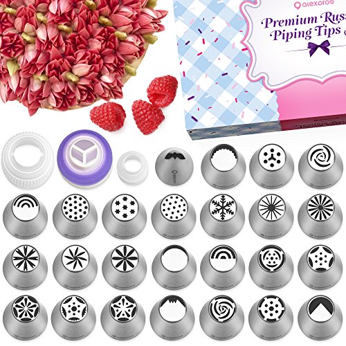 Russian Piping Tips Set - 50 Cake Decorating Supplies - Cake Decorating Kit - Baking Supplies Set - 25 Icing Tips - Cake Decorating Tips - Decoration Kit - Icing Nozzles - Instruction - Perfect Gift