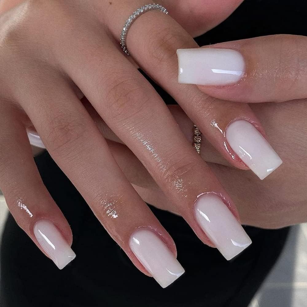 SXVME White Press on Nails Long Square, White False Nails Medium Coffin, Glossy Gel Fake Nails Press on, Sheer Gel Stick on Nail for Women, 24 Pcs