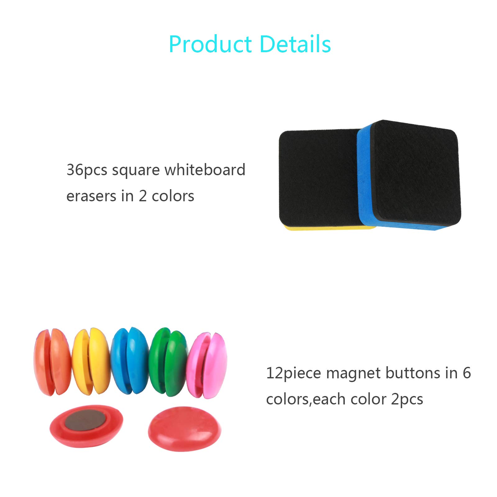 Dry Erase Eraser,LANMOK 36pcs Square Whiteboard Erasers Magnetic Erase with 12pcs Magnet Buttons for Kids Teachers Home Classroom Office