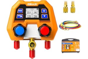 Elitech Digital Manifold Gauge Set for HVAC, Refrigeration & AC Systems, Supports R410A/R454B/R134 etc. Refrigerants, LCD Display, DMG-2SE with 3 Color Hoses & 2 R410A Adapters
