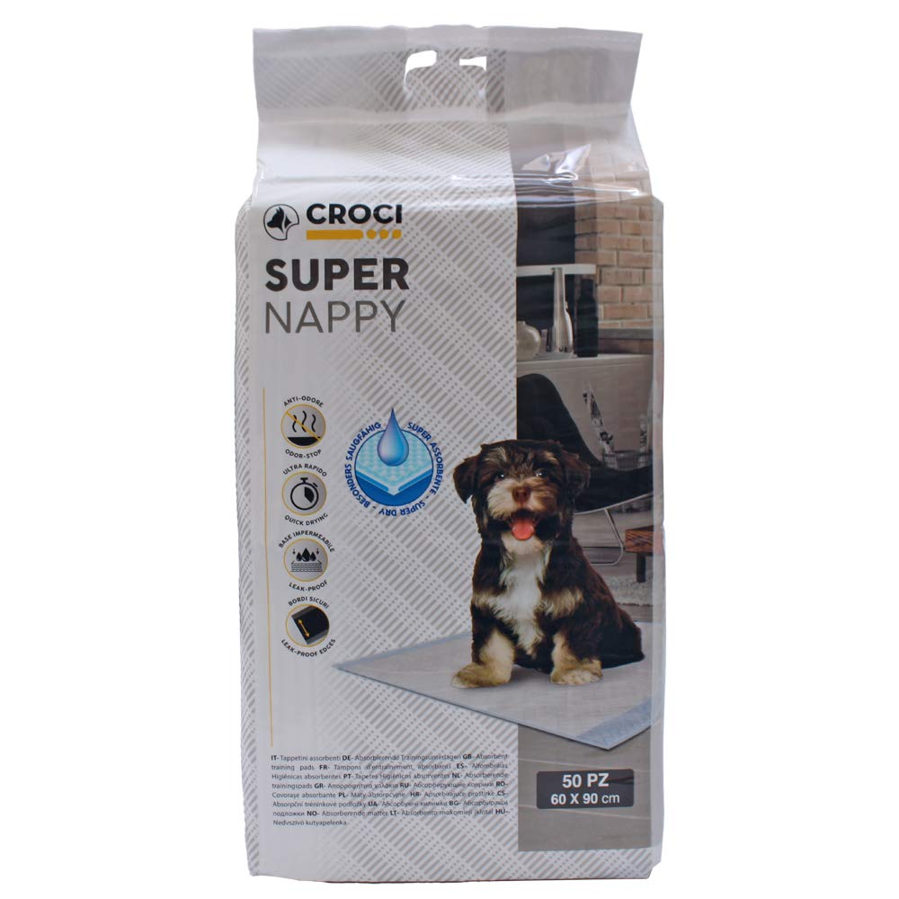 Croci Super Nappy - Hygienic Mats for Dogs 60X90 cm 50 Pieces - Underpads for Dogs and Pets, for Dog and Cat Pee Ultra Absorbent Disposable, Anti-tear and Anti-odour