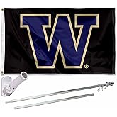 Washington UW Huskies Black Flag with Pole and Bracket Kit