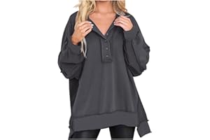 PBNBP Women's Oversized Tunic Sweatshirts No Hood Fall Fashion Henley Tops Lantern Sleeve Buttons High Low Trendy Clothes