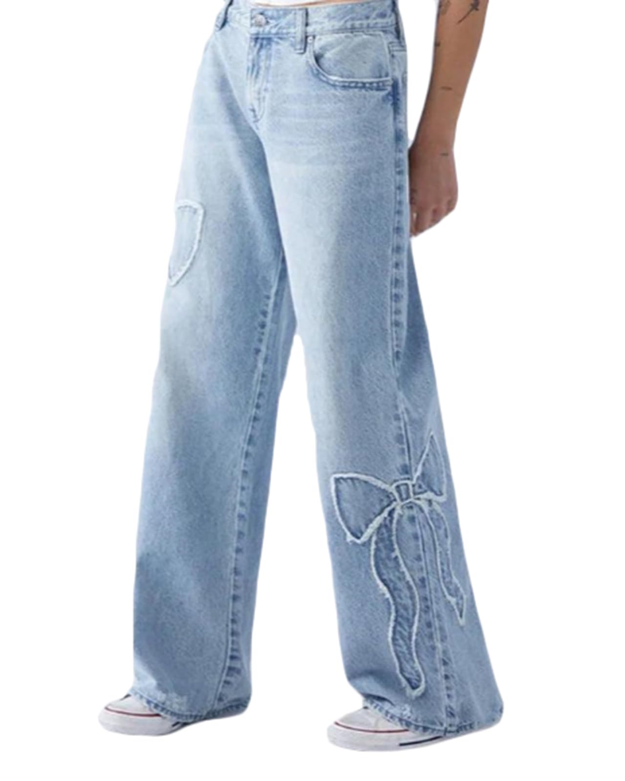 Photo 1 of CORIRESHA Women's Straight Leg Frayed Edge Bow-Tie Embroidery High Rise Loose Denim Jeans Blue
