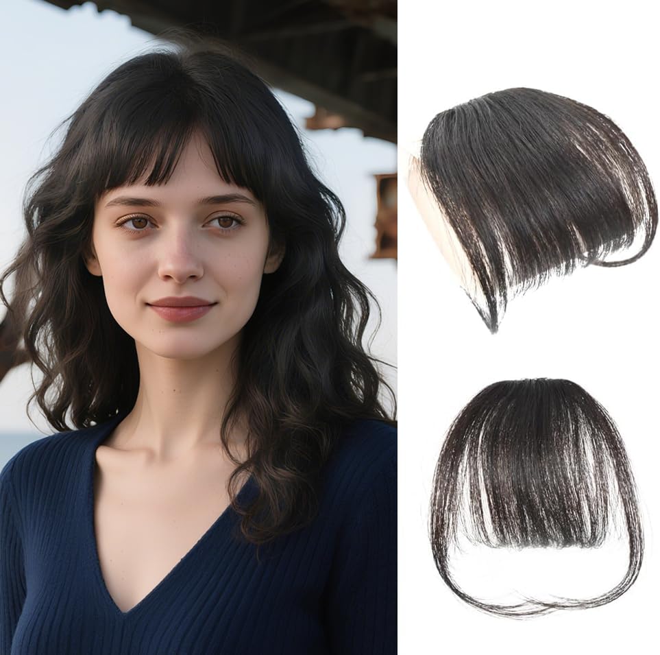 Clip in Bangs 100% Human Hair in Hair extensions Fringe with Temples Clip Hairpieces for Party and Daily Wear（Air Bangs,Natural Color）