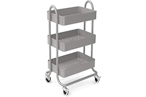 KoolerThings 3-Tier Rolling Metal Storage Organizer - Mobile Utility Rolling Storage Cart, Kitchen Cart with Caster Wheels (Grey)