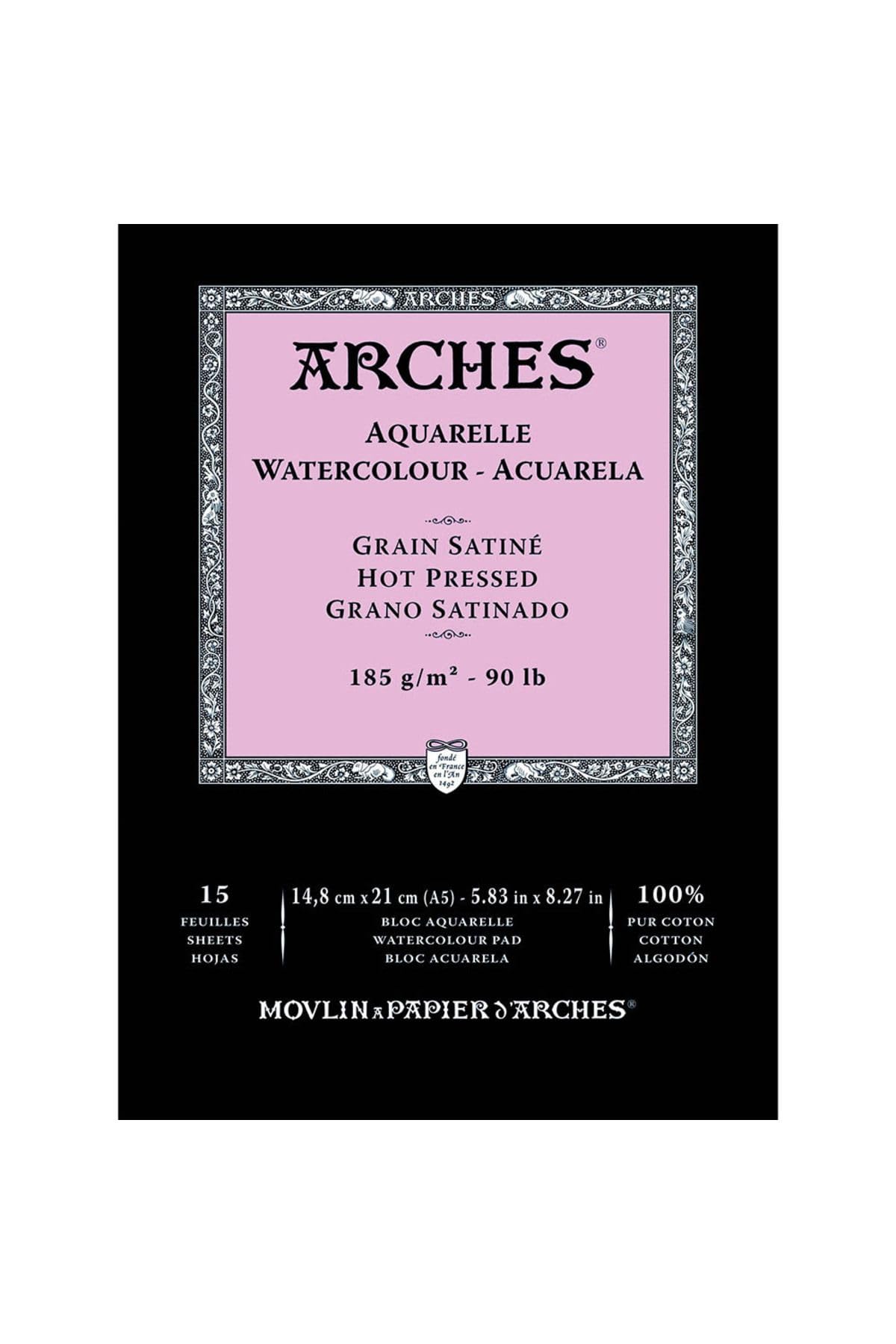 Arches Watercolour Block Glued 1 Side (15 Sheets) - Satin Grain - Natural White 185G/M2 - A5
