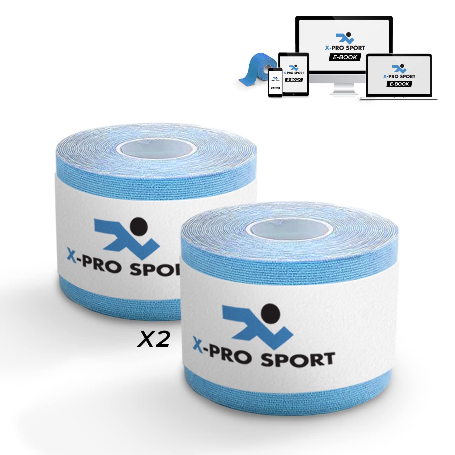 Kinesiological Tape 5m x 5cm, X-PRO Sport Kinesio Tape with e-Book with Application Examples, Muscle Patch, Strong Taping Resistant Elastic (2 X Blue)