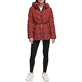 DKNY Womens Hooded Cinch Waist Puffer Coat