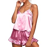 CHYRII Women's Sexy Silk Satin Ruffled Pajamas Sets Cami Shorts Sets Sleepwear