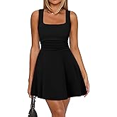 OFEEFAN Dresses for Women Summer Square Neck Sleeveless Mini Dress Ruched Waist Fit and Flare Pleated Dresses