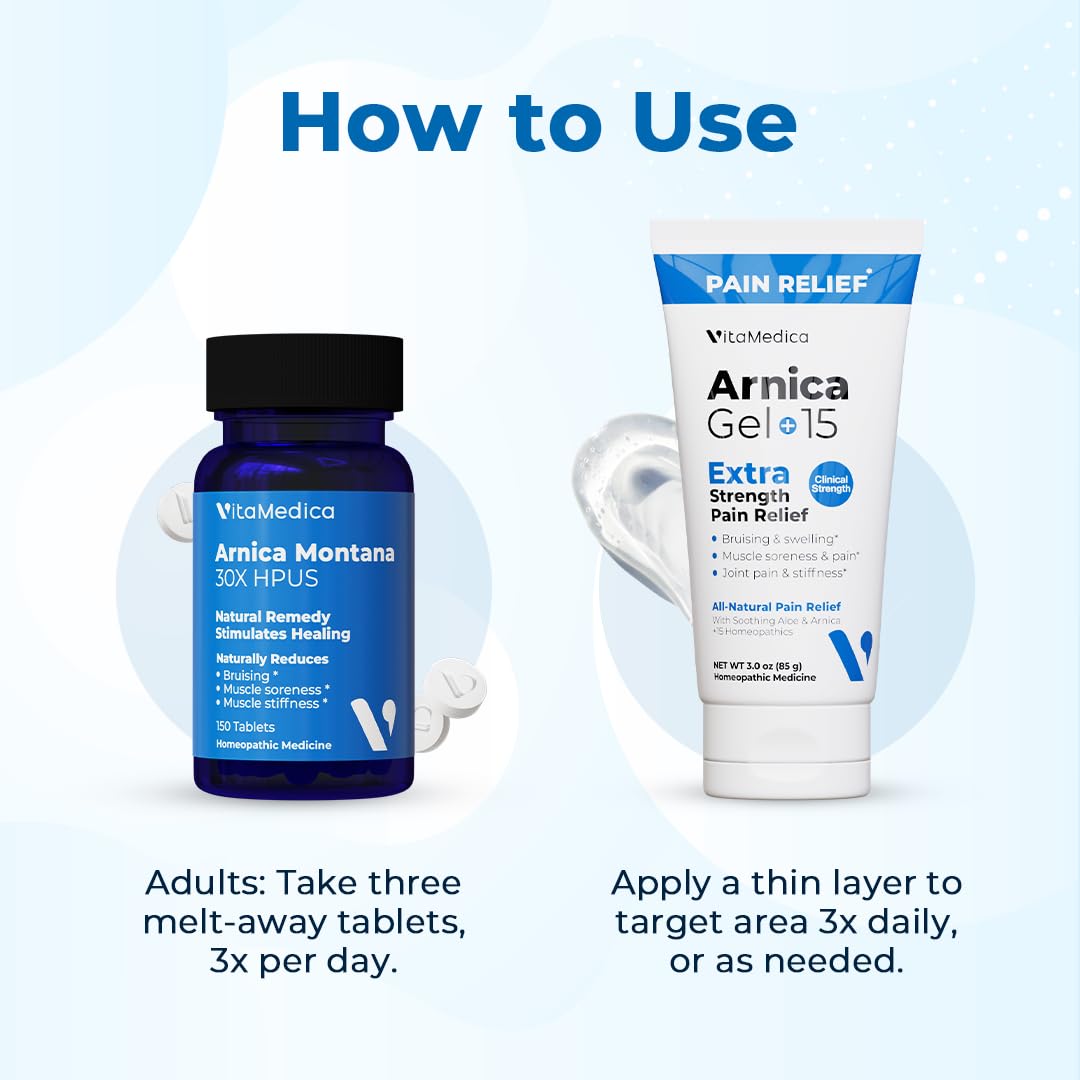 VitaMedica Arnica Montana Tablets & Arnica Gel Bundle for Natural Pain, Bruising, and Swelling - 150 Rapid Dissolve Tablets / 3 Ounce Water-Based Gel - Made in USA