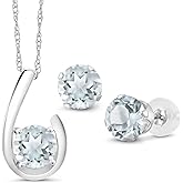 Gem Stone King 10K White Gold Sky Blue Aquamarine Pendant Earrings Jewelry Set For Women | 2.25 Cttw | Gemstone March Birthstone | Round 6MM | with 18 Inch Chain