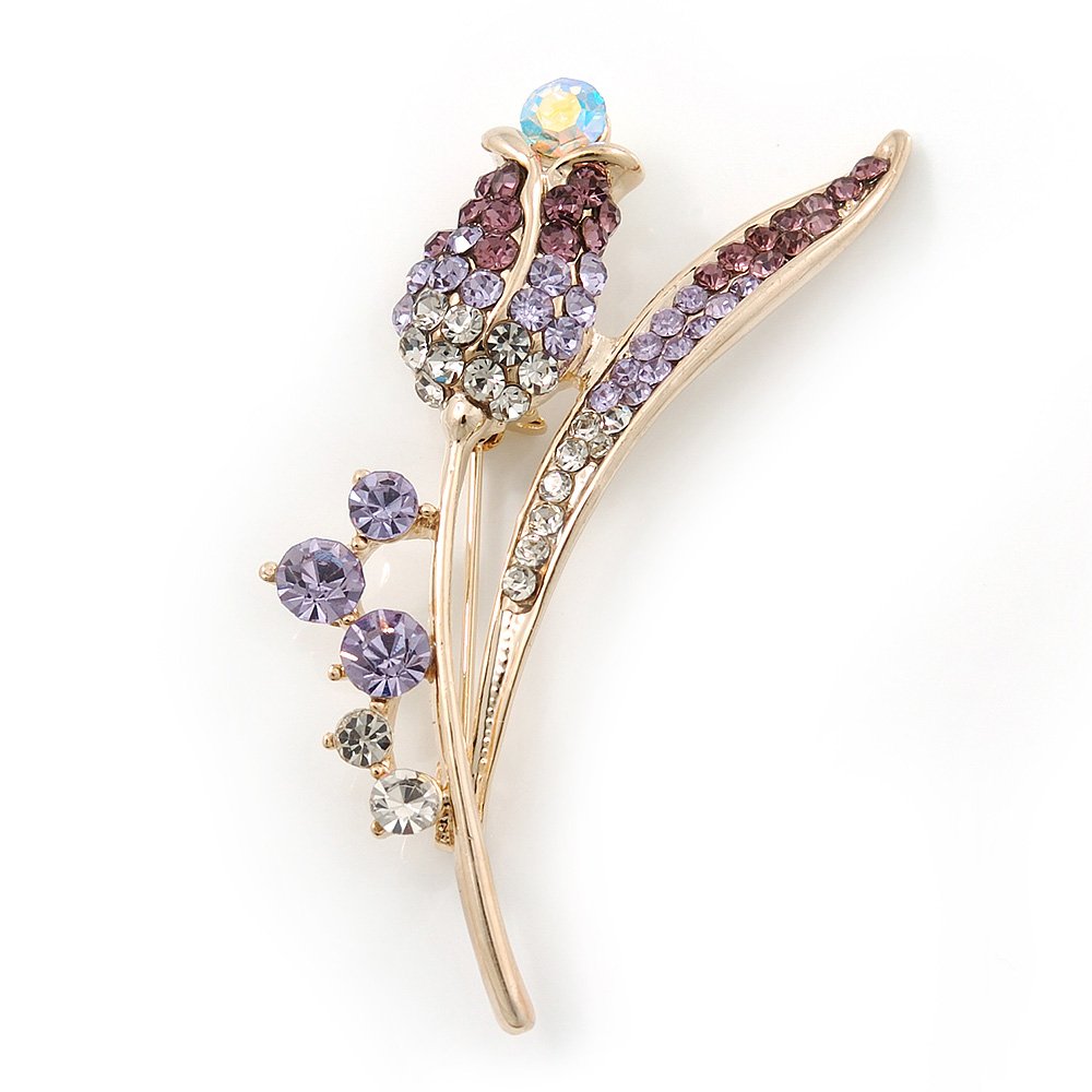 Gold Plated Purple/Clear Crystal 'Rose' Brooch - 55mm Length