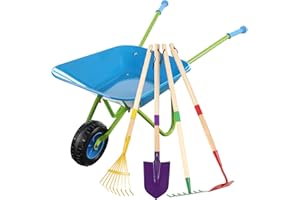 DaisyInner 5 Pcs Kids Gardening Tool Set Include Kids Wheelbarrow Metal Small Toddler Wheelbarrow Wagon with 4 Piece Kids Shovel, Rake, Hoe, Leaf Rake Wooden Gardening Tools for Boys and Girls