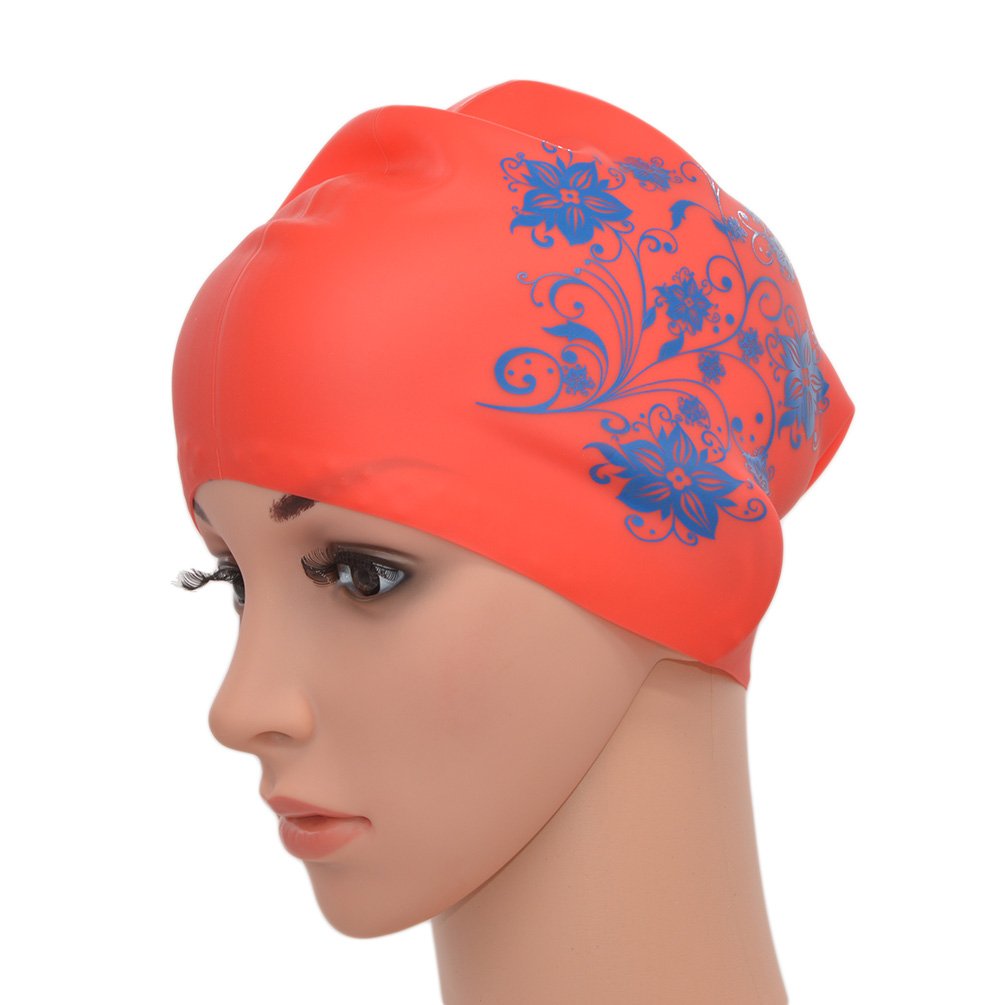 Medifier Women Ladies Flower Print Elastic Silicone Water Pool Swimming Hat Cap Ear Wrap Hat for Long Hair Adults (Red)