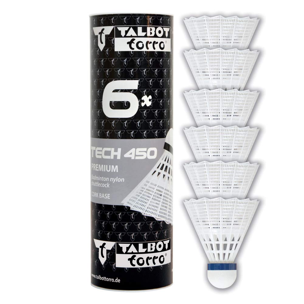 Talbot-Torro Badminton Shuttlecocks Tech 450, 6 Pieces, White, Speed: Blue/Medium, in Premium Nylon, 469182