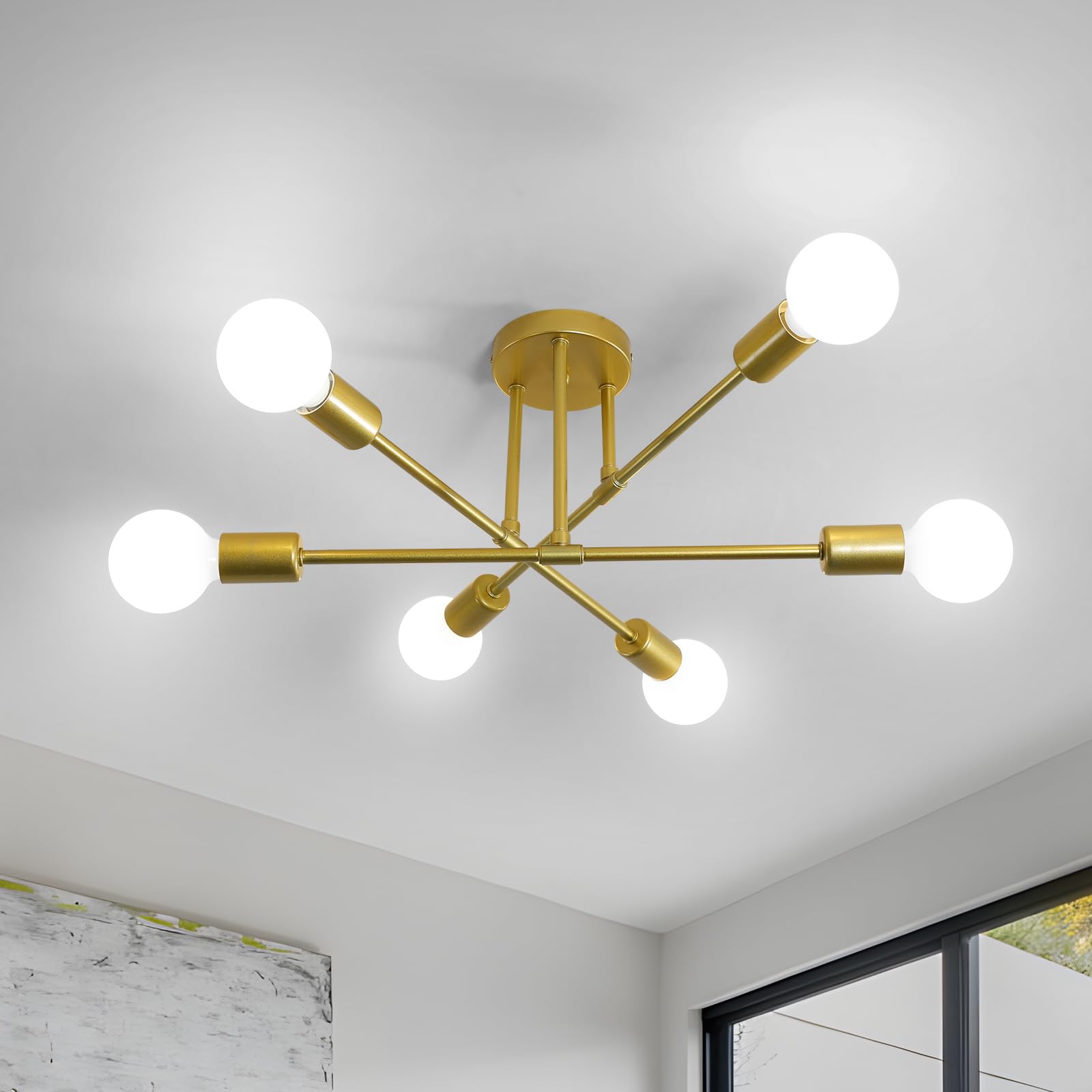 Comely Chandelier Sputnik Ceiling Light, 6 Lights E27 Vintage Gold Ceiling Lamp, Adjustable Modern Chandelier Ceiling Light for Living Room Bedroom Kitchen Hallway