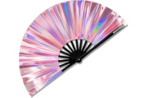 Ravevibes 13" Large Glitter Holographic Rave Hand Fan, Folding Lridescent Festival Edm Clack Fan Foldable for Rave Outfits Accessories Festival, Club, Party, Dance for Men Women, Holographic Pink