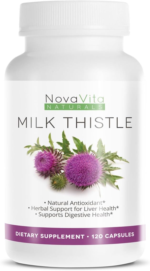 NovaVita All Natural Milk Thistle - 120 Capsules | Antioxidants & Liver Support - Maximum Silymarin Extract 30:1 Ratio, 175 mg per Capsule | GMP Certified & Made in The USA