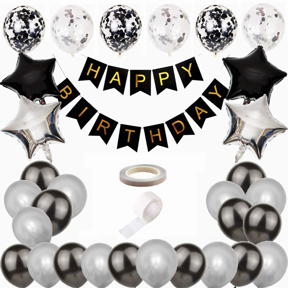 Kiwochy Black and Silver Birthday Party Decorations Set Black Happy Birthday Balloons Happy Birthday Banner Kit Black Happy Birthday Banner for 21st 30th 40th 50th 60th 70th 75th Birthday Decorations