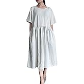 Minibee Women's Linen Tunic Summer Dress Casual Midi Dresses with Pockets